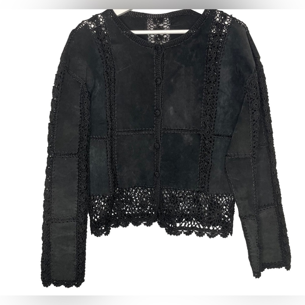 Vintage Scully Black Suede Leather Jacket with Crochet Lace Trim